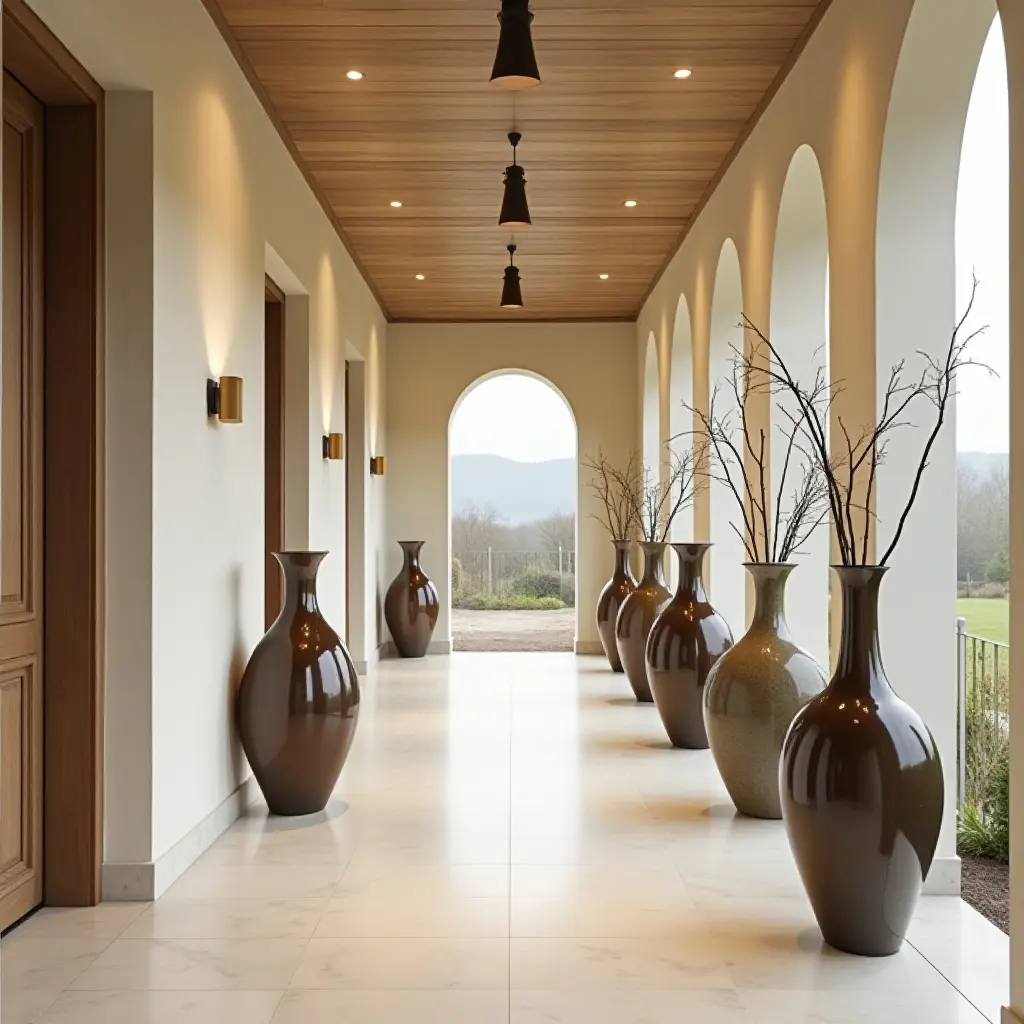 a photo of a corridor with unique decorative vases