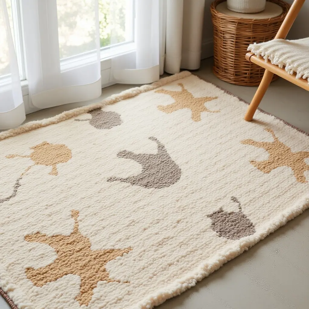 a photo of a handwoven natural fiber rug with playful designs for a baby room
