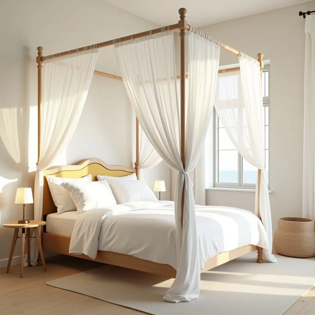 a photo of a bright and airy canopy bed in a sunlit room