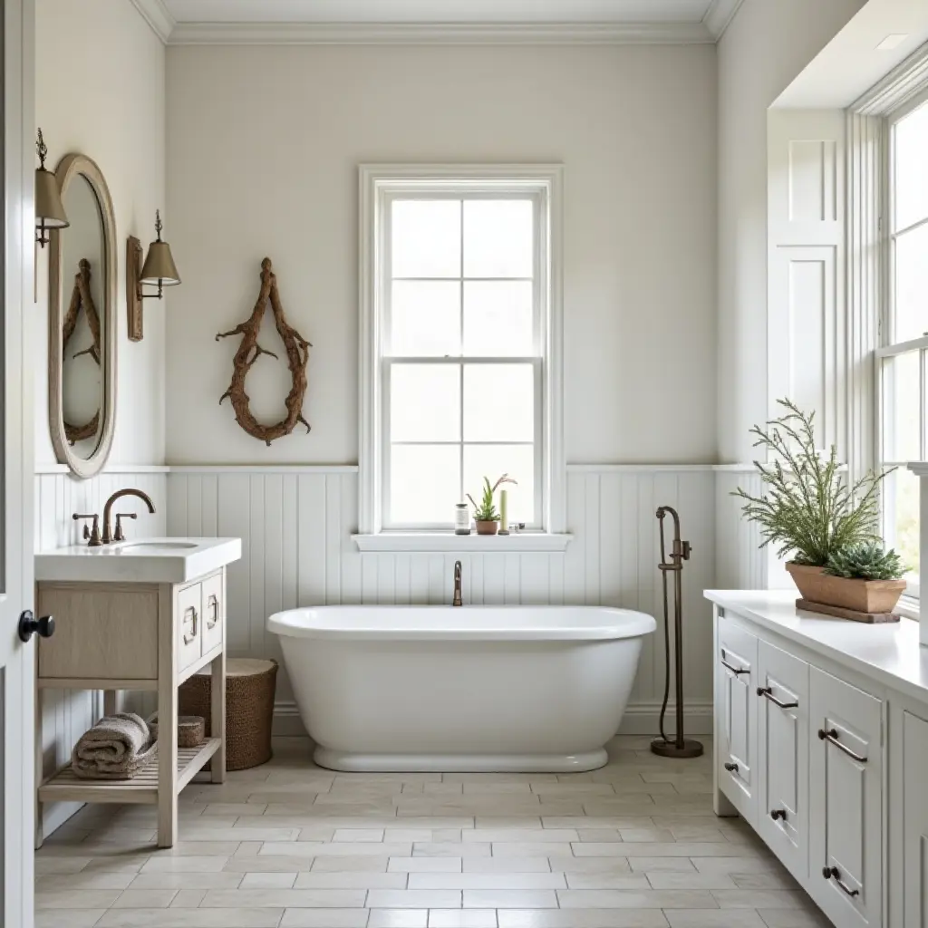 a photo of a coastal bathroom with driftwood, beachy tiles, and nautical metal accents