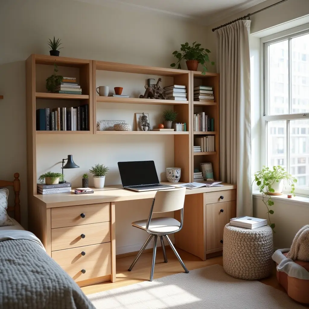 a photo of a functional shelving system in a teen's bedroom for school supplies