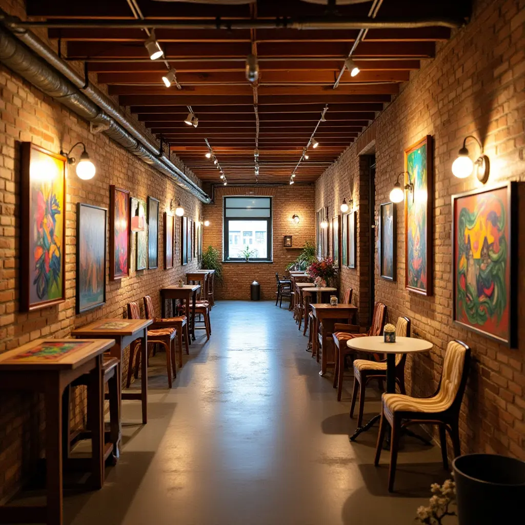 a photo of a basement featuring a colorful gallery of local artists' work