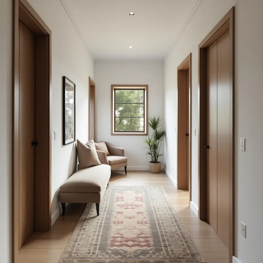 a photo of a narrow corridor with a stylish rug and decor