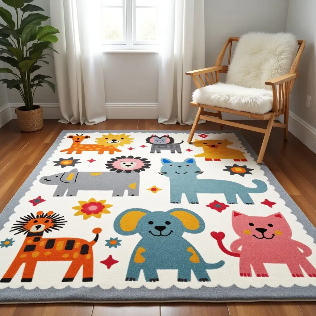 a photo of a whimsical animal-themed nursery rug with vibrant colors