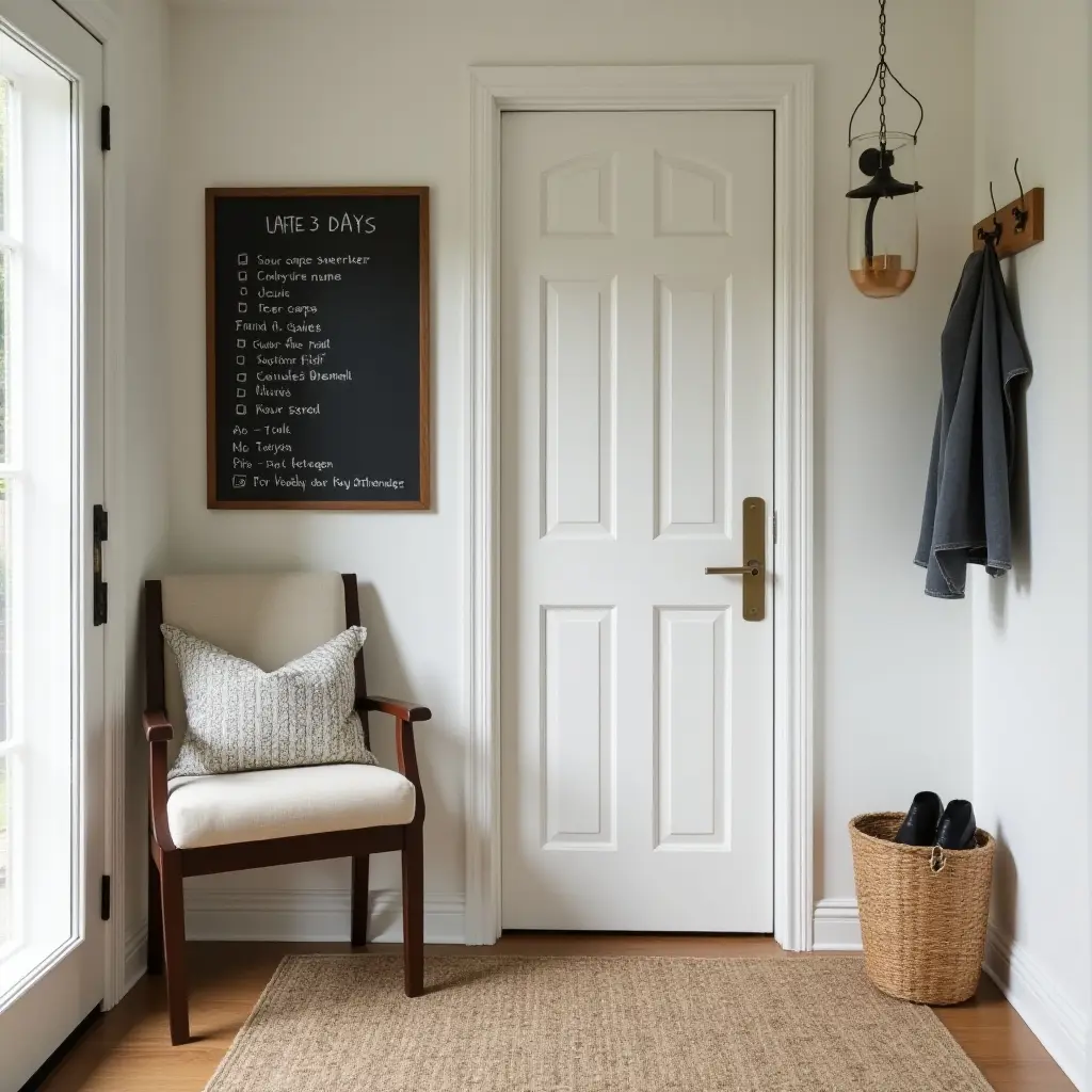 a photo of an organized entry hall with a chalkboard for notes