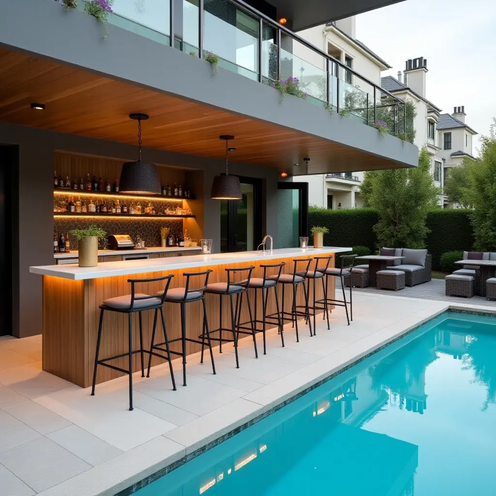 a photo of a trendy outdoor bar with high stools by the pool