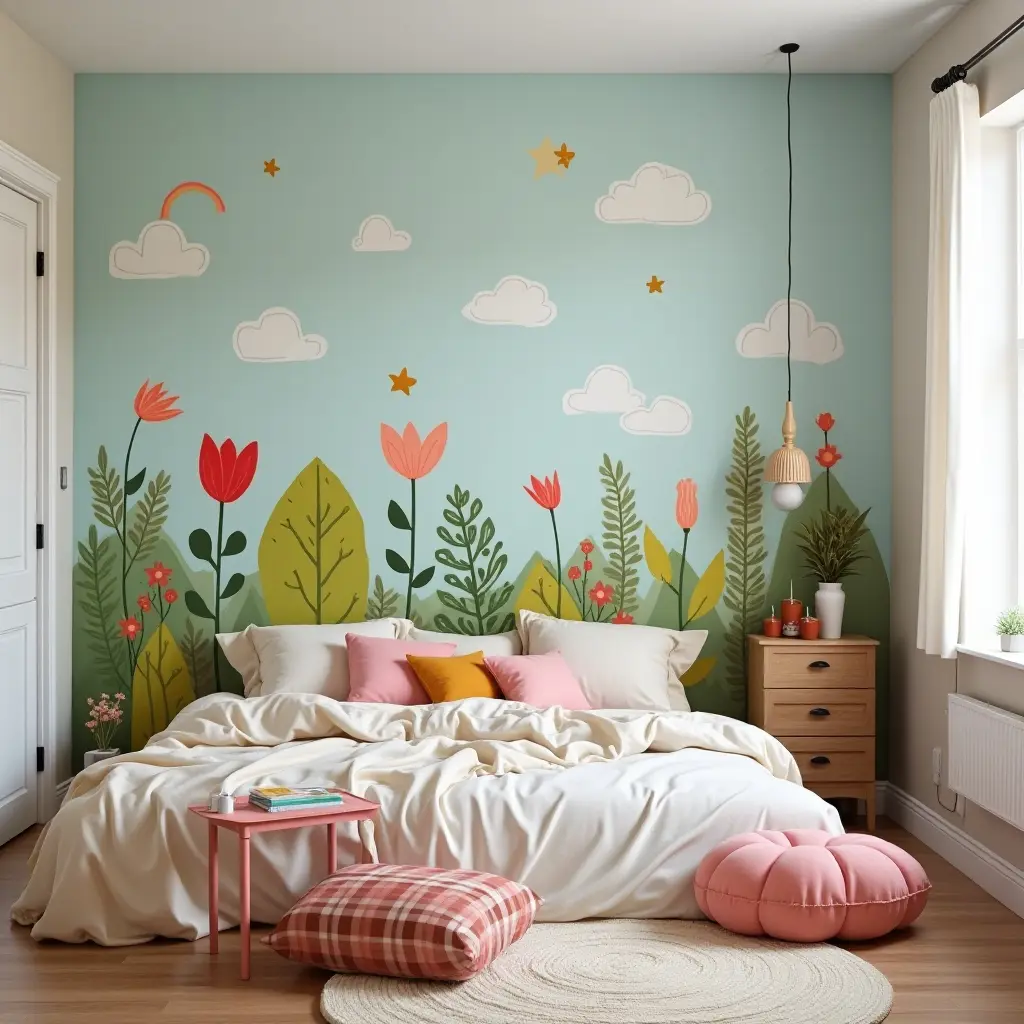 a photo of a colorful DIY wall mural in a kids' bedroom