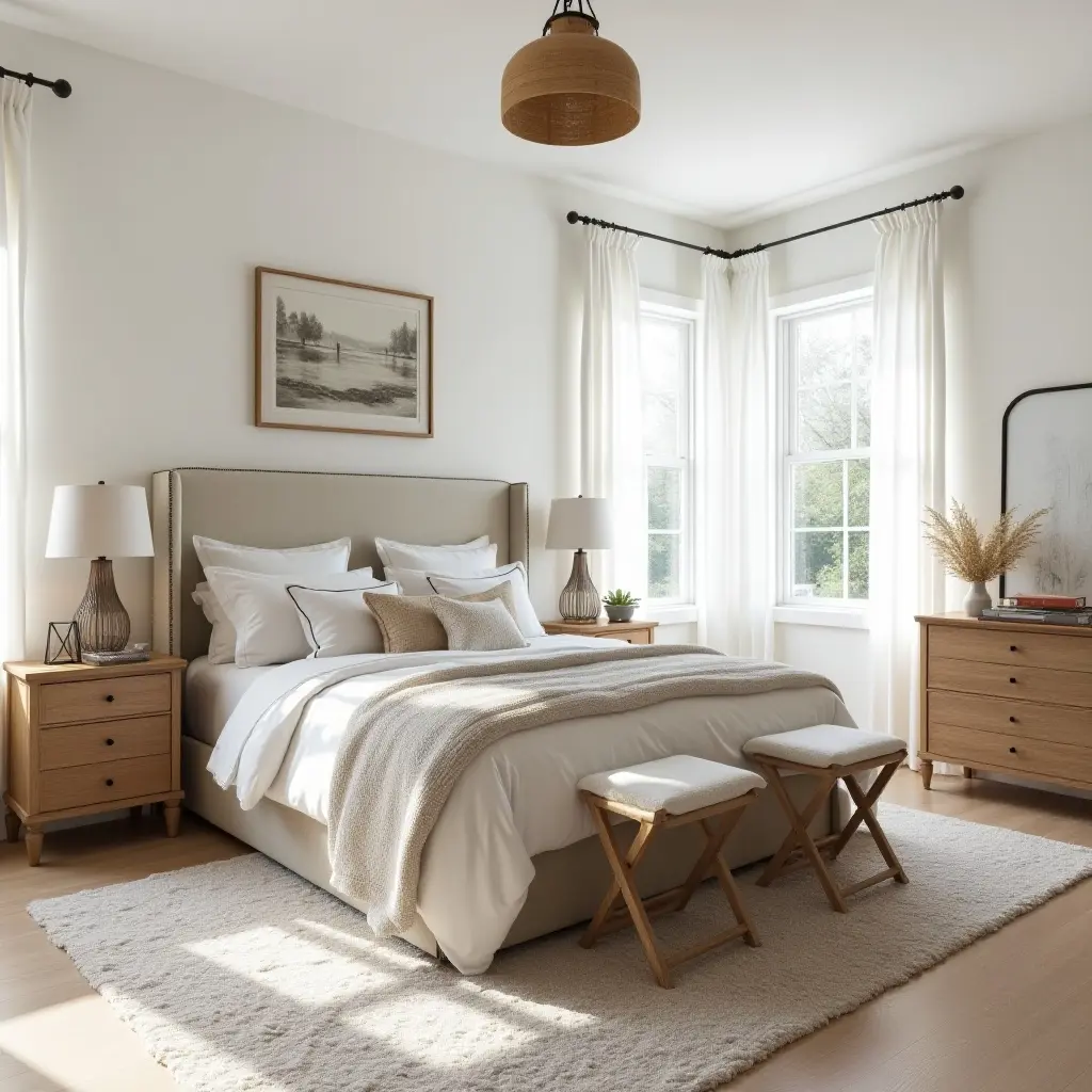 a photo of a farmhouse bedroom with a large area rug and soft textures