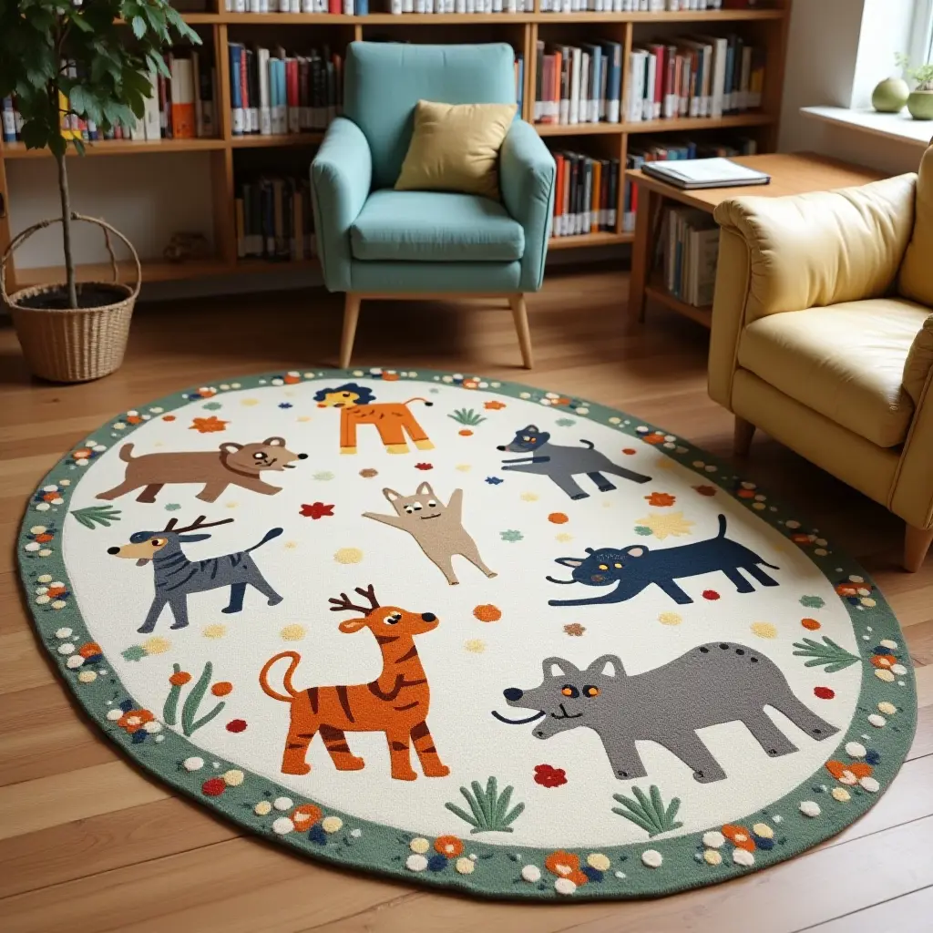 a photo of a playful rug with animal motifs in a children's library