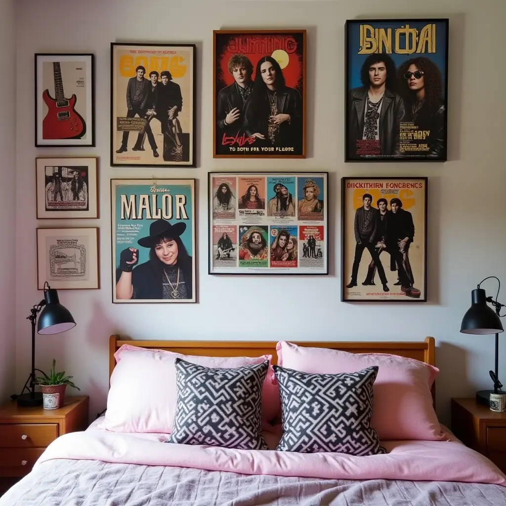 a photo of a colorful gallery wall with framed band posters in a teen's bedroom