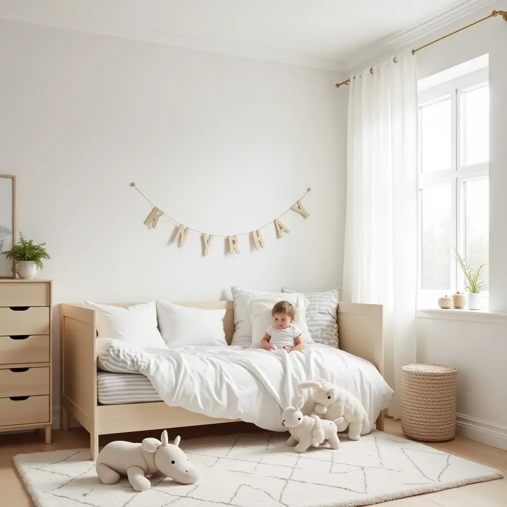 a photo of a cozy kids' bedroom featuring minimalist Scandinavian furniture and playful decor