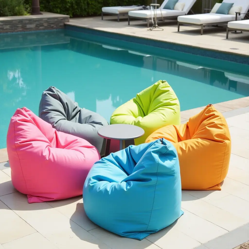 a photo of colorful poolside bean bags for ultimate relaxation