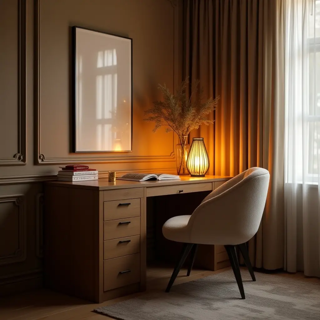 a photo of a cozy corner desk with warm lighting and soft textures