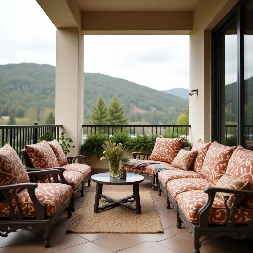 a photo of a balcony with patterned vintage cushions and a small coffee table