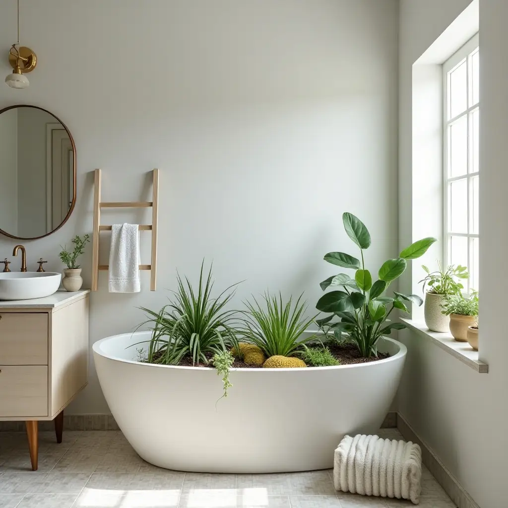 a photo of a bathroom with a plant-filled bathtub tray