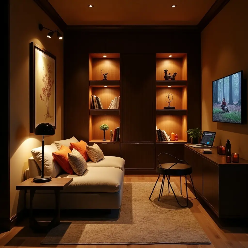 a photo of a cozy basement reading nook with stylish lighting