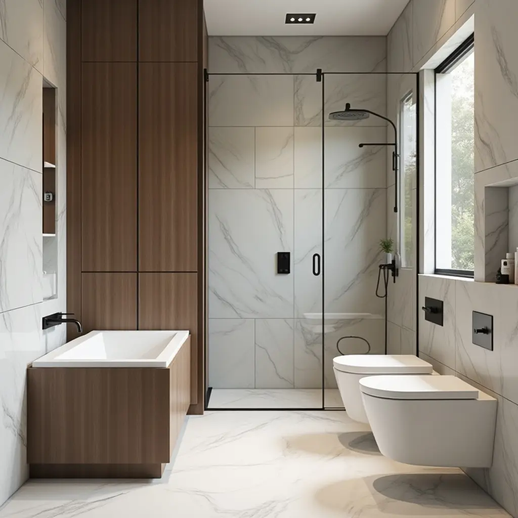 a photo of a minimalist bathroom design with balanced tile, wood, and metal textures