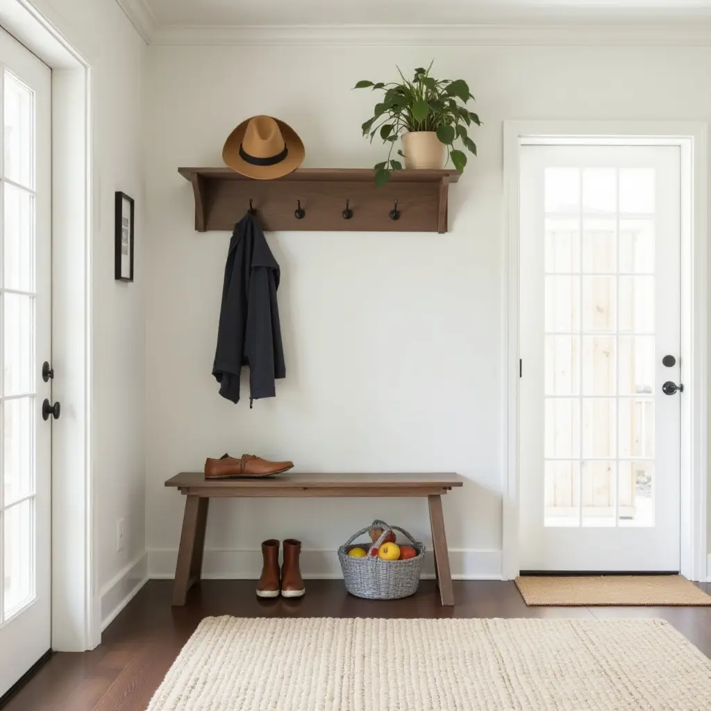 a photo of a welcoming entryway with a farmhouse-style coat rack