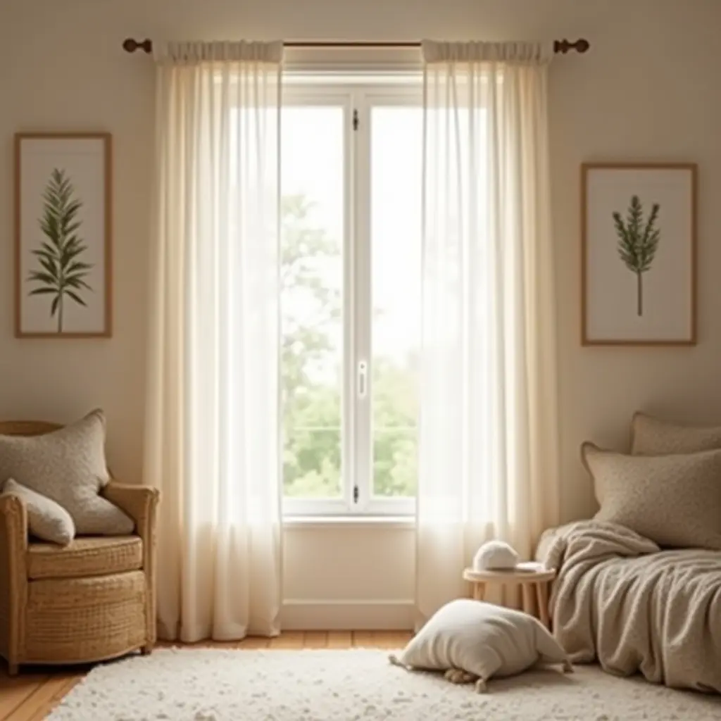 a photo of a cozy nursery with a large window and soft, flowing curtains