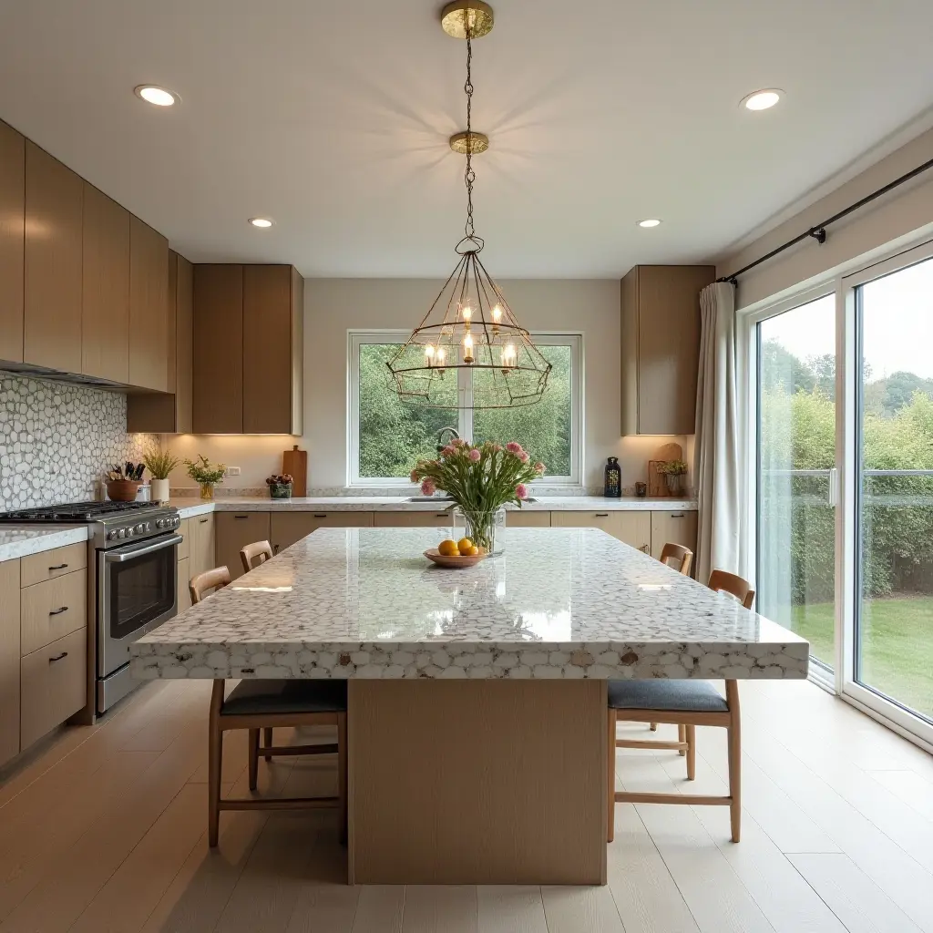 a photo of a kitchen featuring a large mosaic-topped dining table