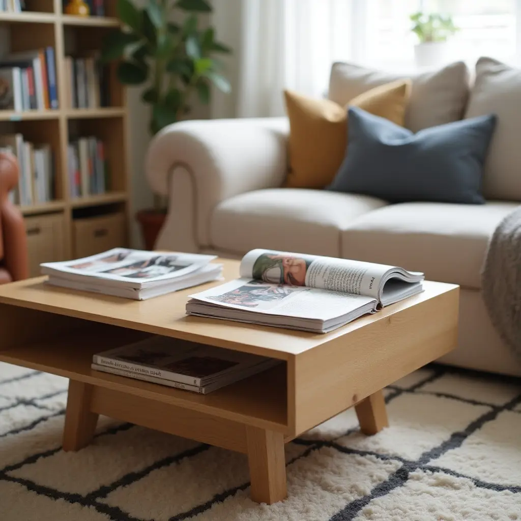 a photo of a wooden coffee table with magazines in a teen's room
