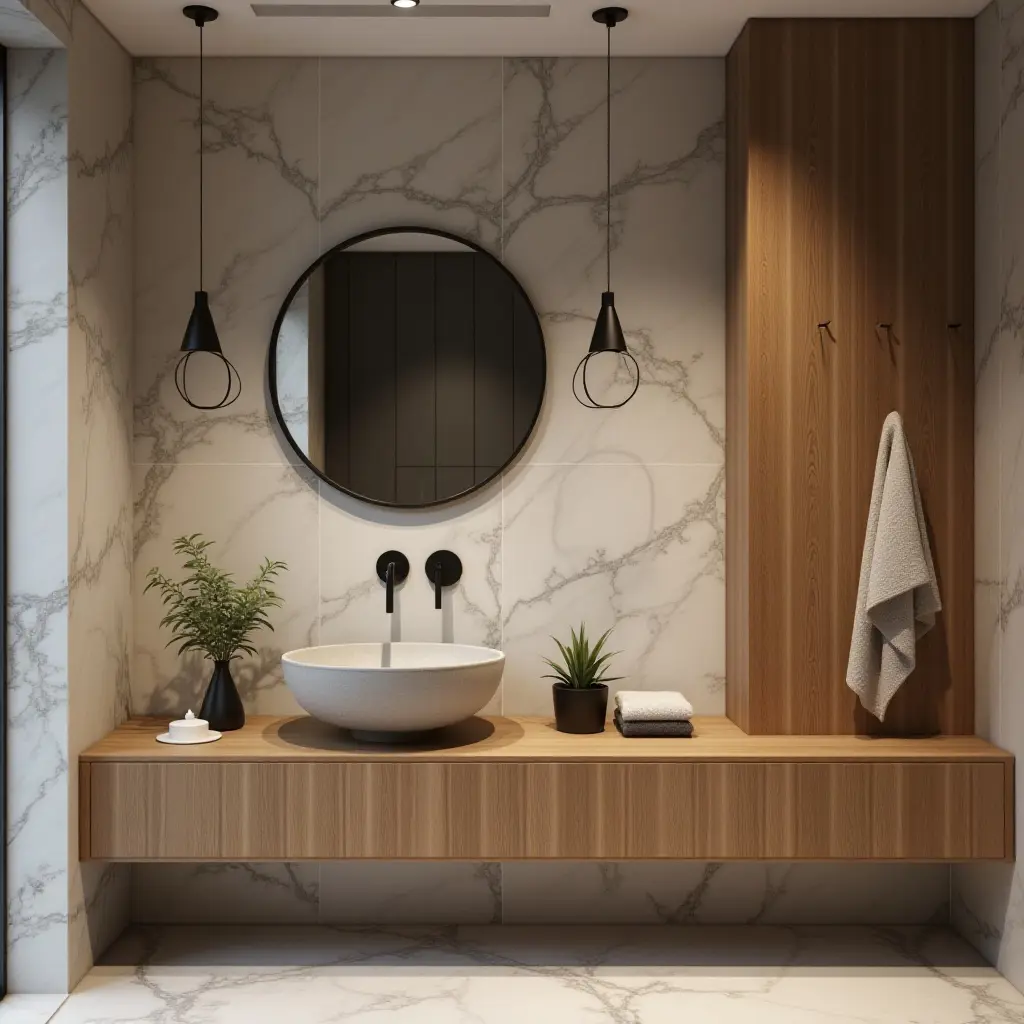 a photo of a stylish bathroom with a concrete sink and wooden accents