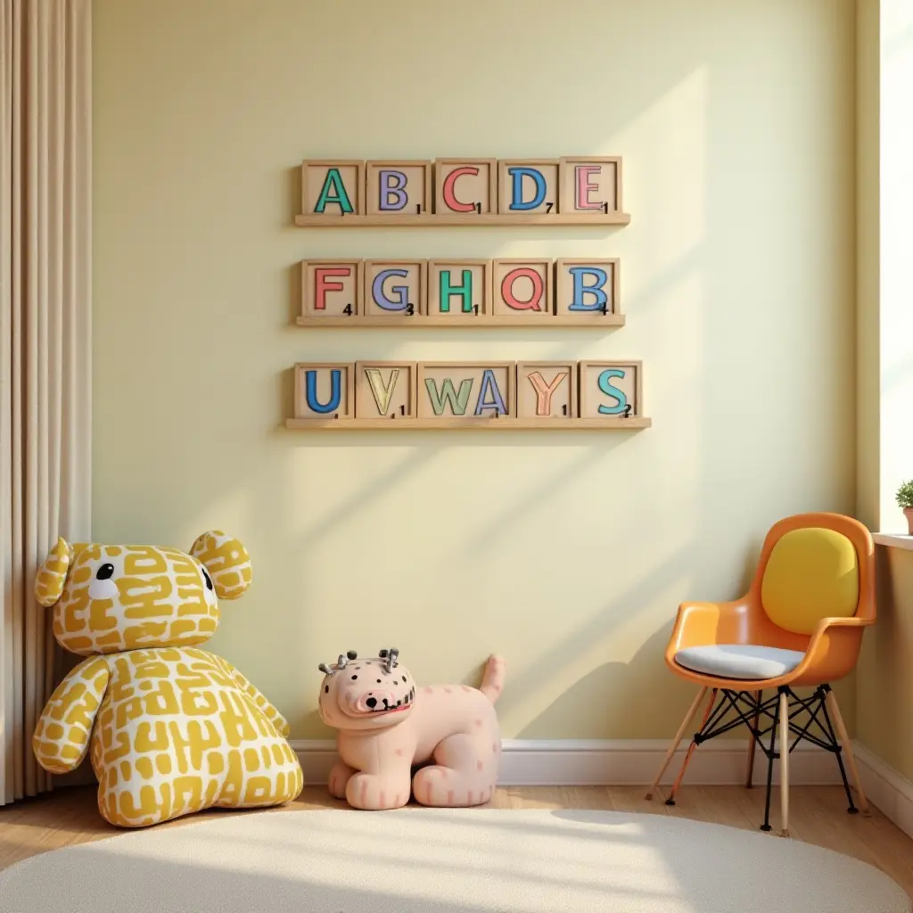 a photo of a colorful kids' room with wooden alphabet blocks on display