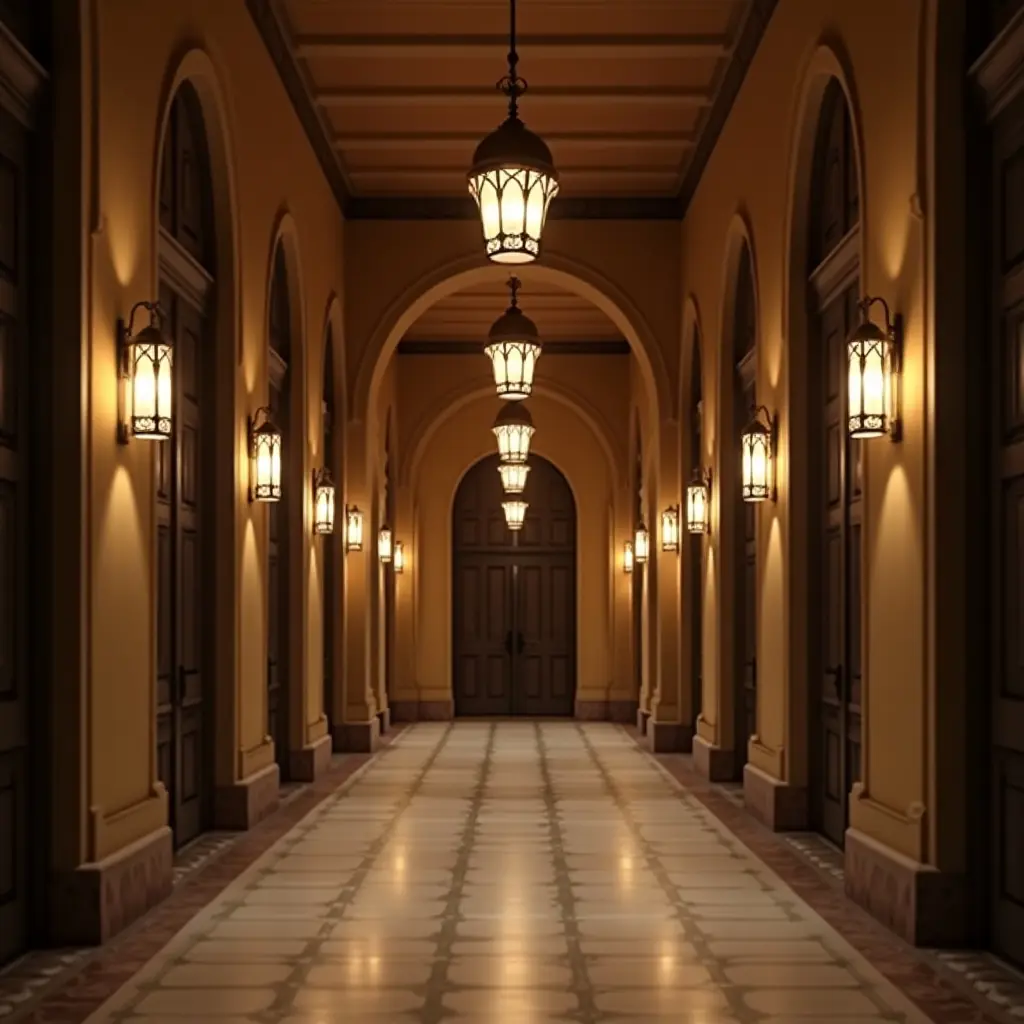 a photo of an elegant corridor with decorative lanterns and soft lighting