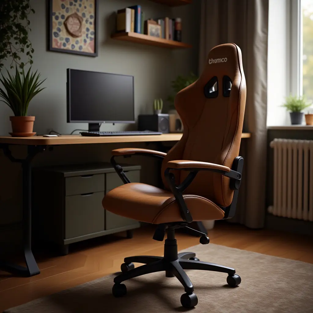 a photo of a wooden gaming chair in a teen's stylish room