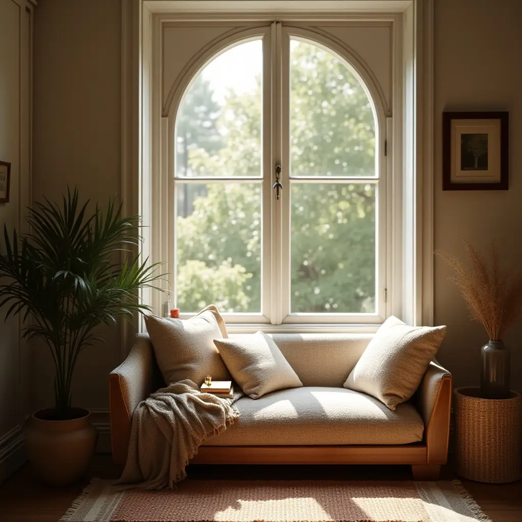 a photo of a cozy nook with a window seat for reading