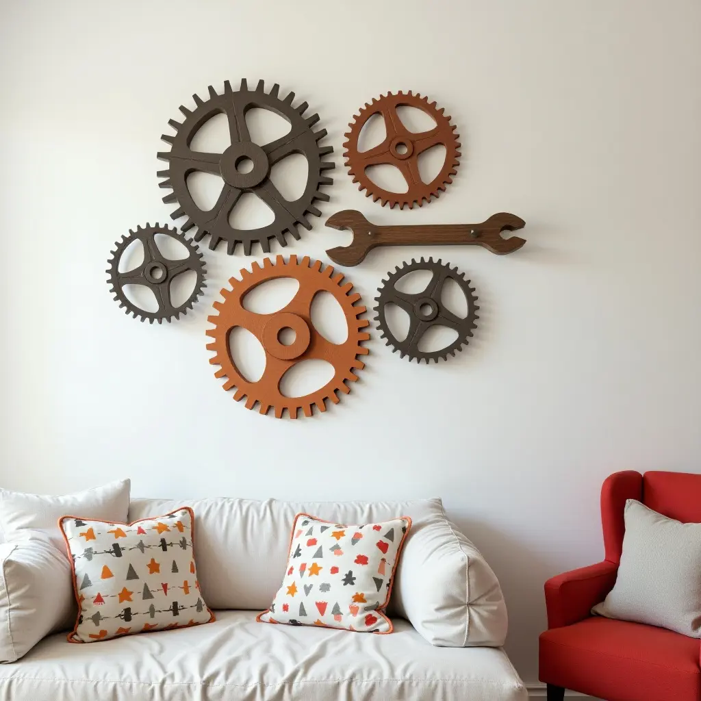 a photo of wall art made from gears and tools in a child's room