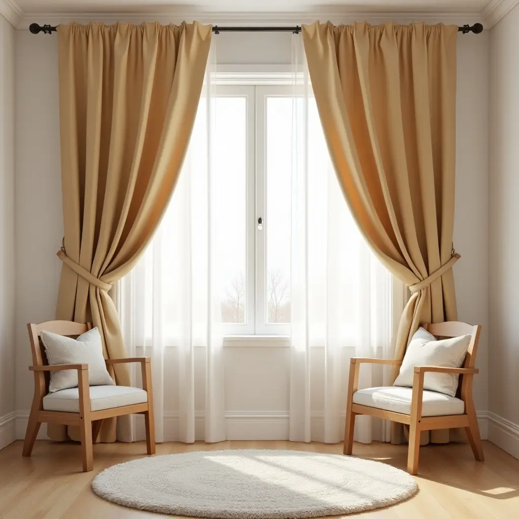 a photo of a charming kids' room with wooden curtains and drapes