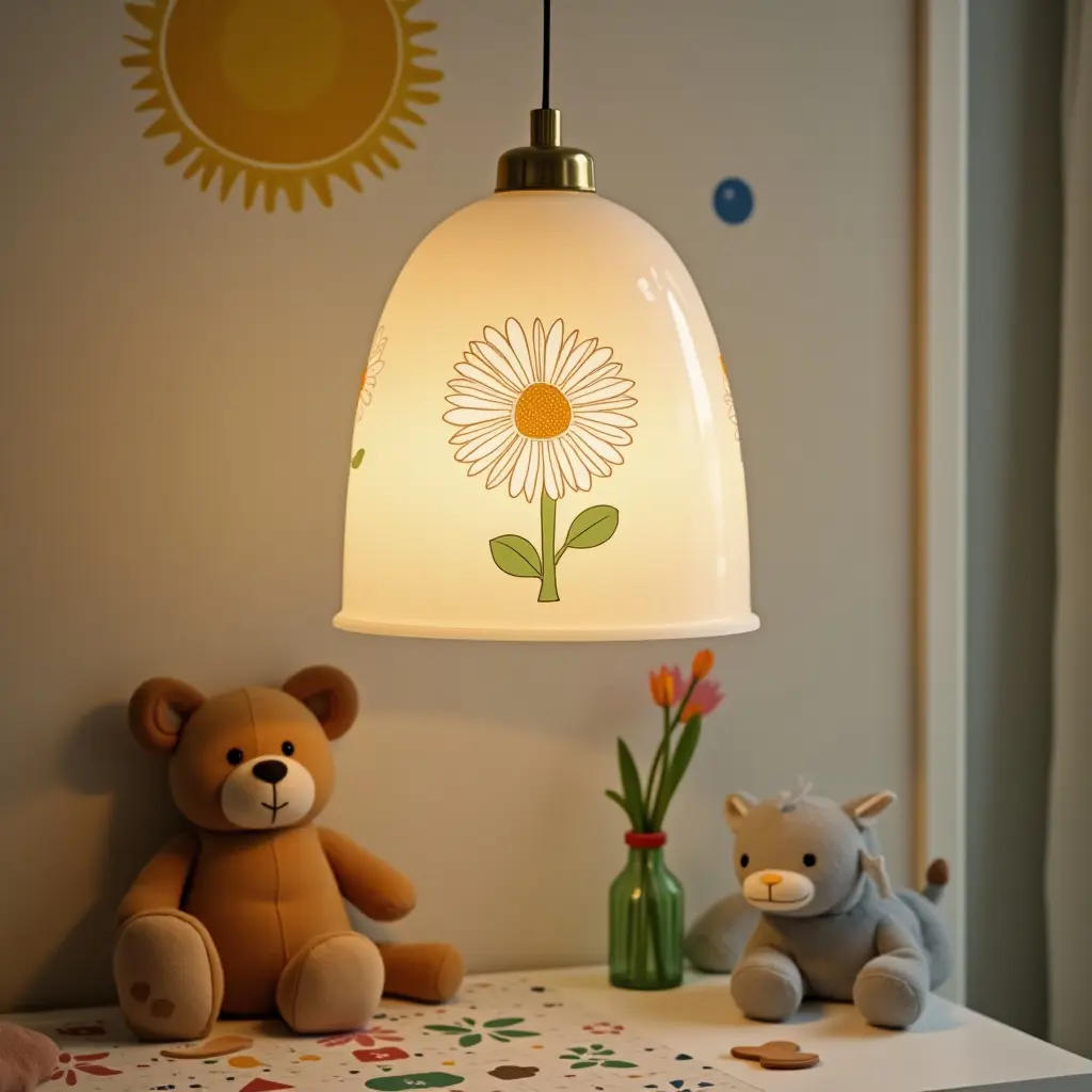 a photo of a pendant light with a floral design in a nature-themed kids' room
