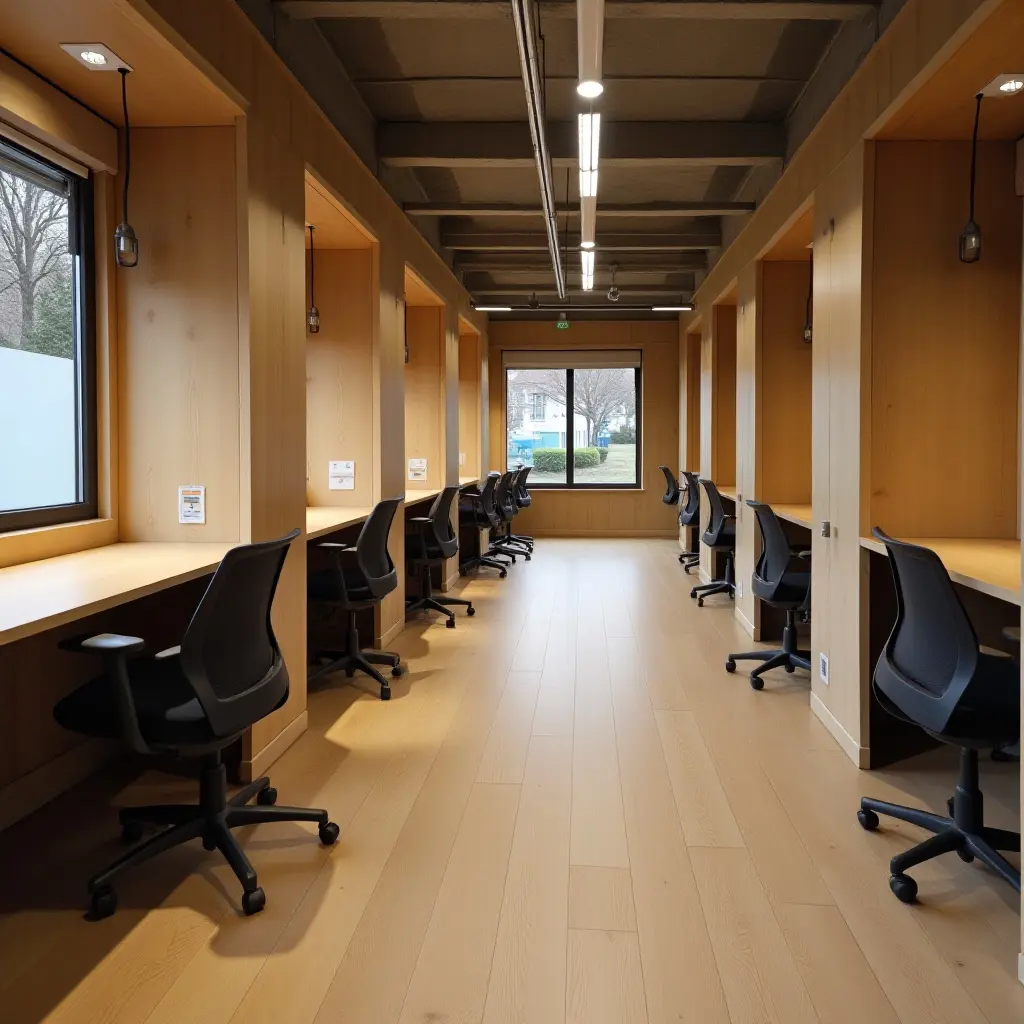 a photo of a library featuring soundproof study pods for concentration
