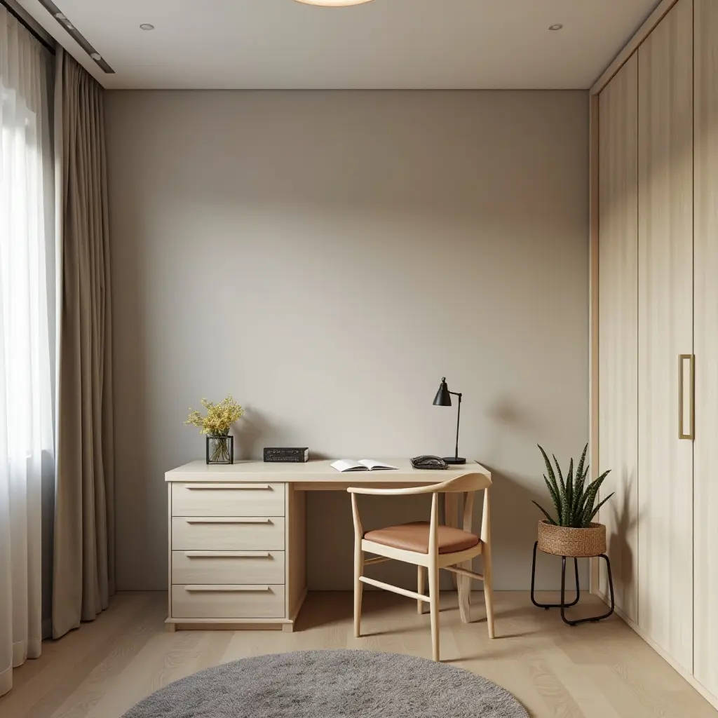 a photo of a small bedroom with a foldable desk