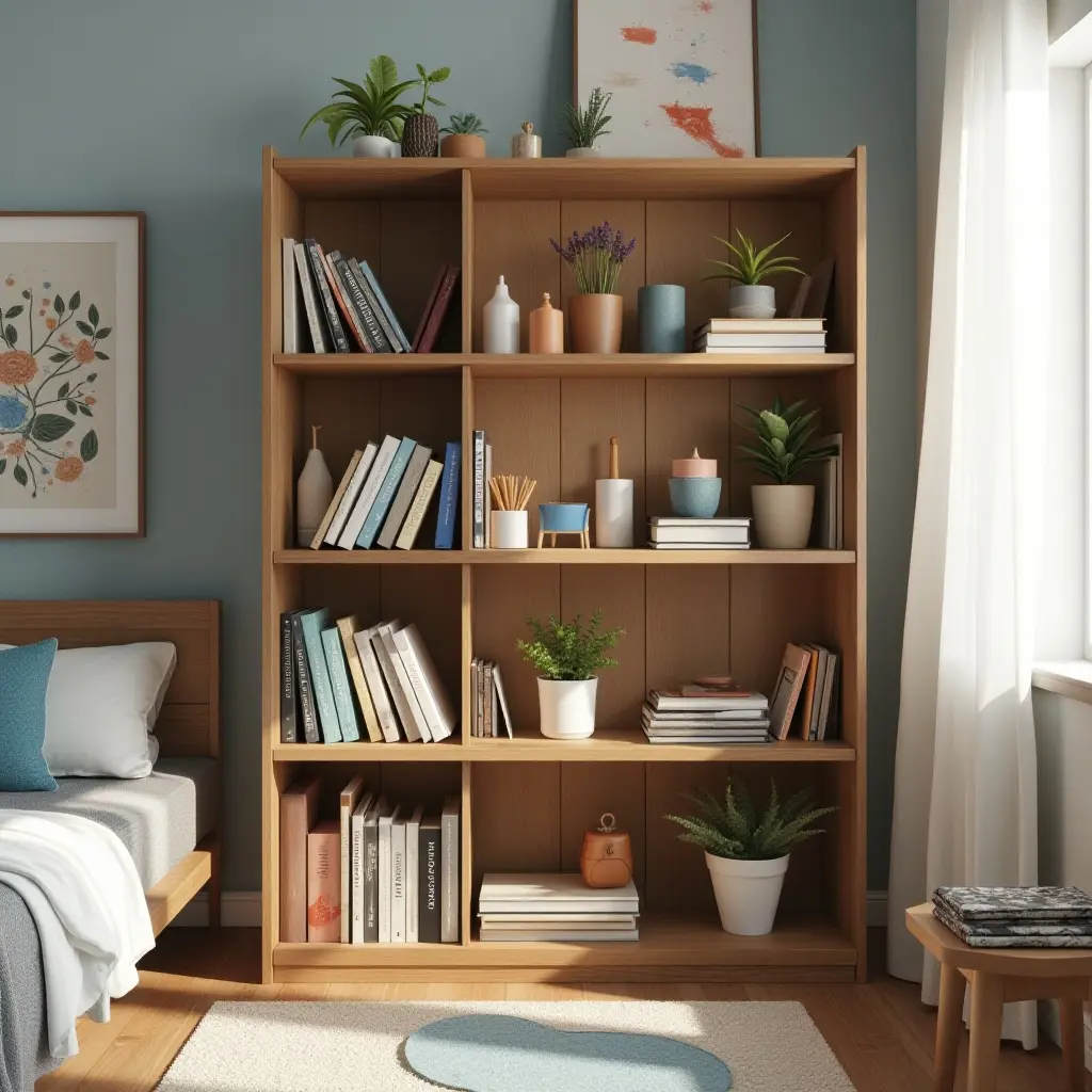 a photo of a wooden bookshelf filled with art supplies in a teen's room