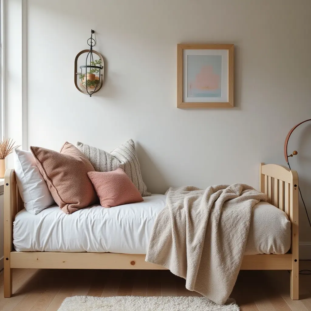 a photo of a cozy kids' bedroom with textured fabric pillows, wooden bed, and metal decor