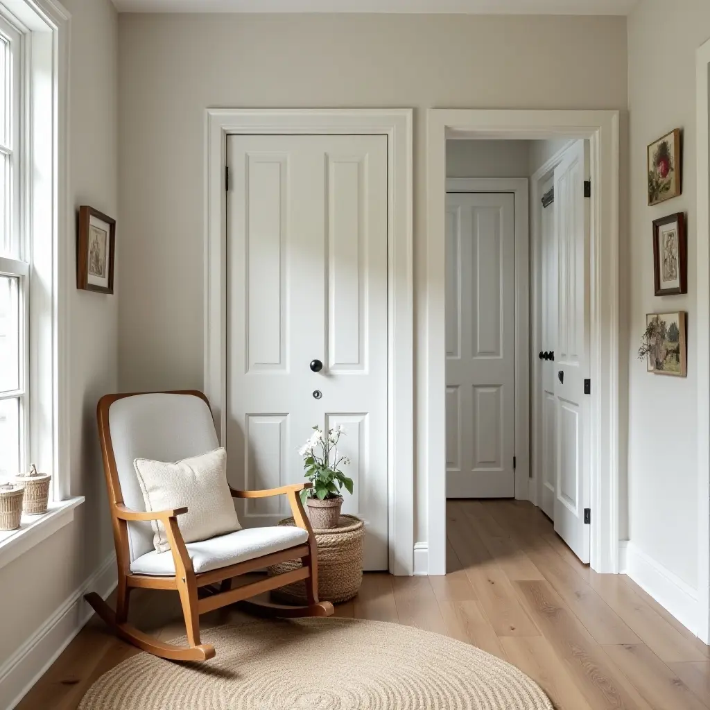 a photo of a cozy entryway with a vintage rocking chair and decor