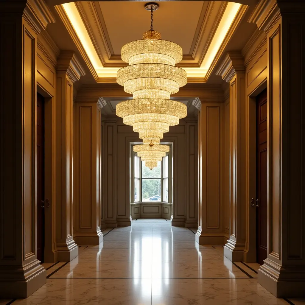 a photo of a multi-tiered chandelier in an opulent entrance hall
