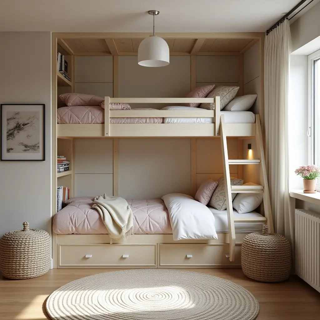 a photo of a shared teenage bedroom with bunk beds and personalized decor