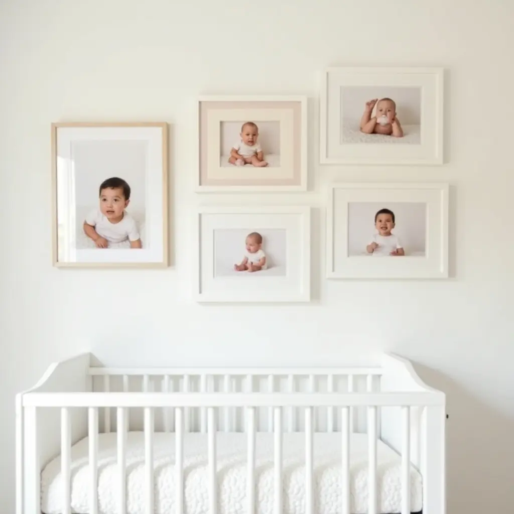 a photo of a nursery gallery wall showcasing family photos in pastel frames