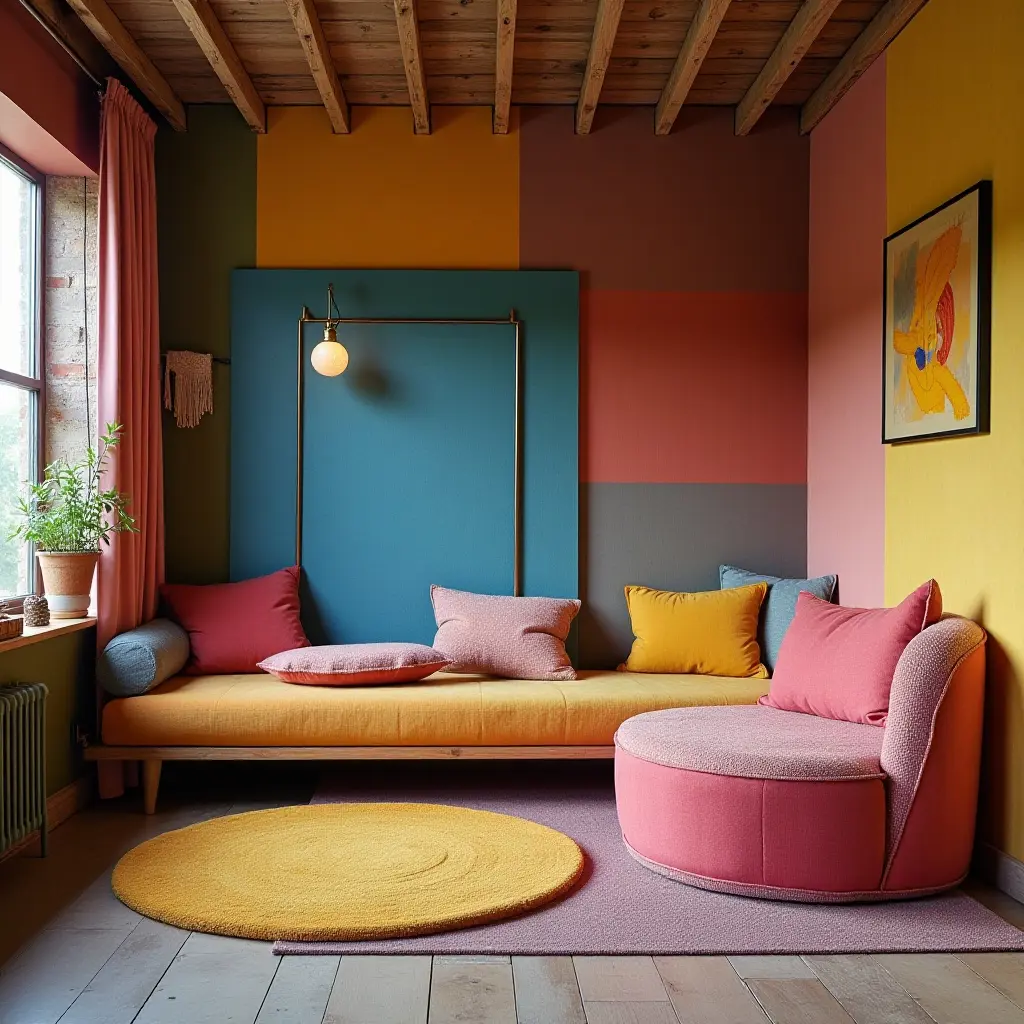 a photo of a colorful teen room with fabric, wood, and metal textures blended