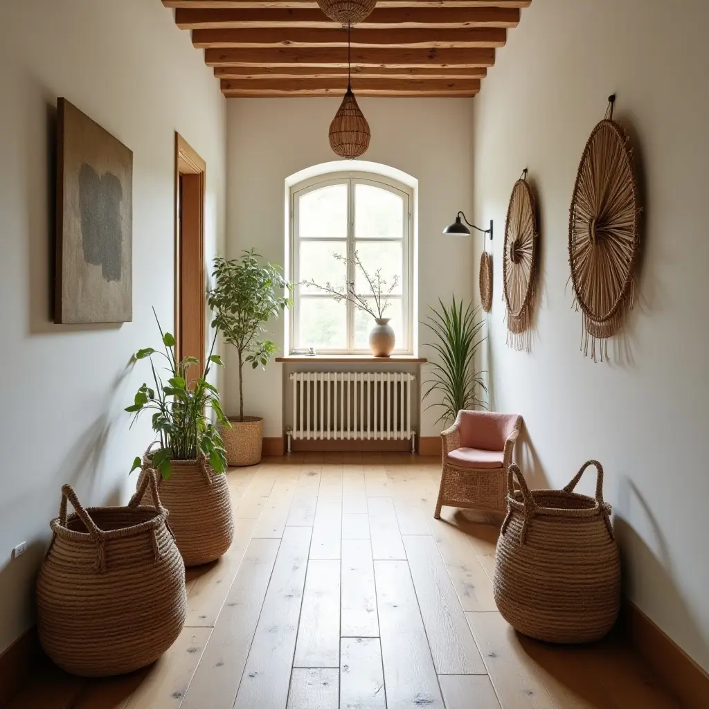 a photo of a bohemian corridor with woven baskets and hanging decor