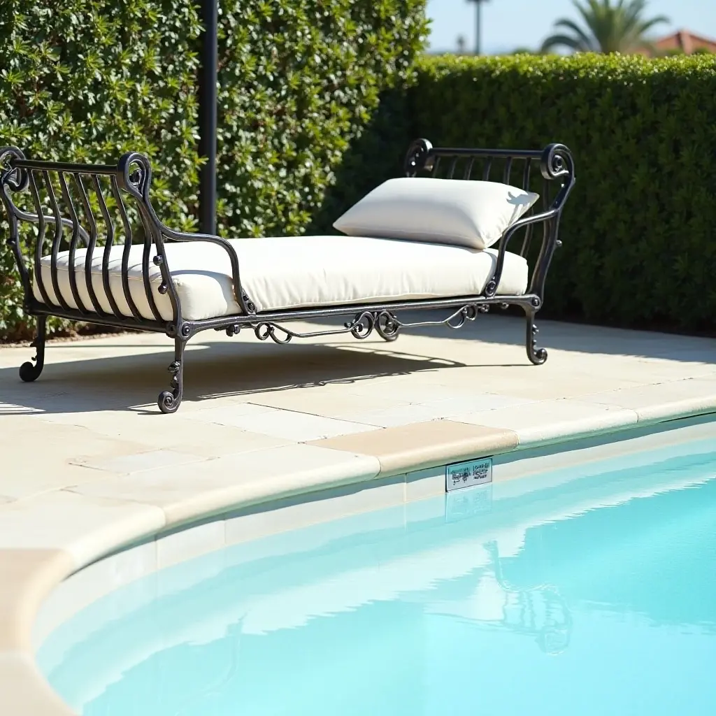 a photo of a classic wrought iron daybed beside a swimming pool