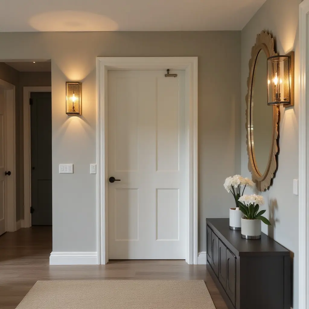 a photo of a basement entryway with stylish wall sconces