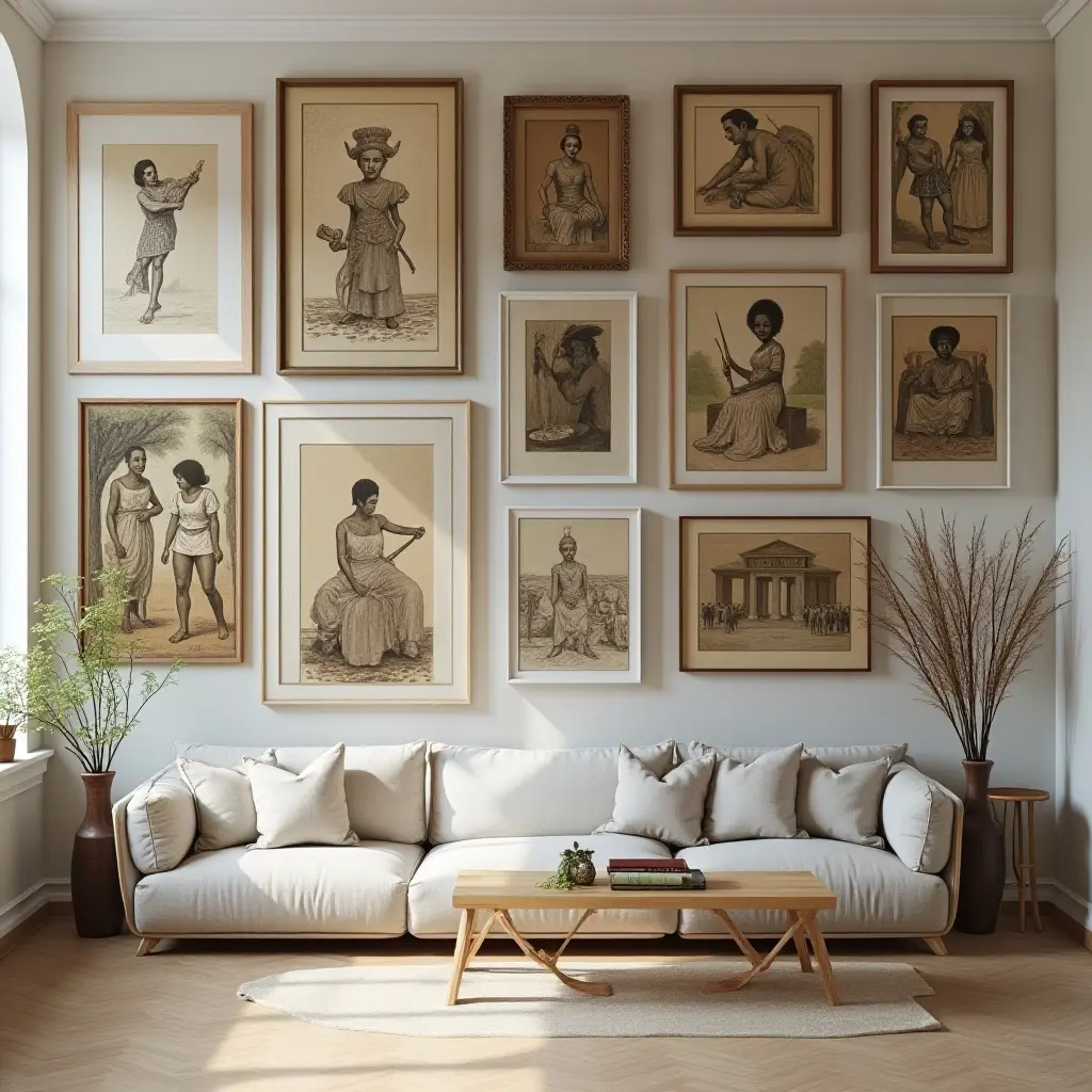 a photo of a gallery wall with art from different cultures and backgrounds