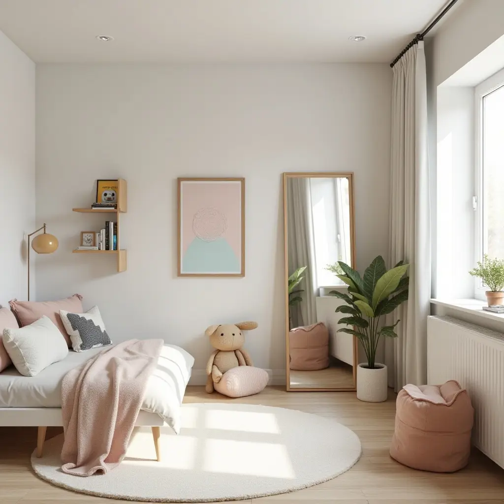 a photo of a spacious kids' bedroom featuring a full-length mirror and playful decor