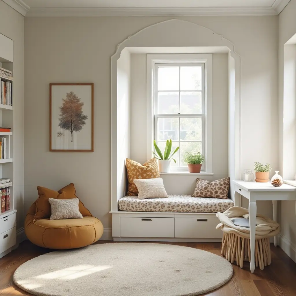 a photo of a cozy reading nook in a stylish children's room