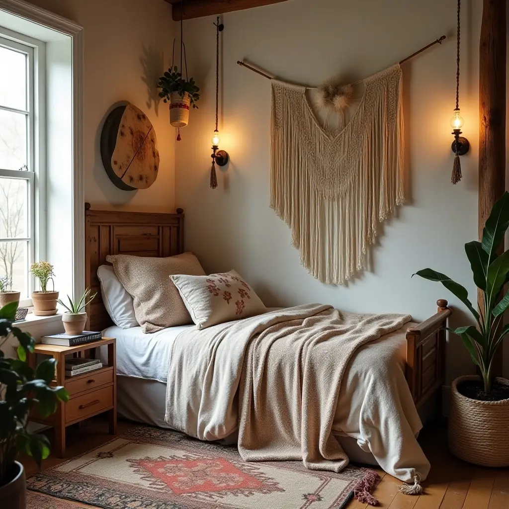 a photo of a bohemian teen room featuring fabric, wood, and metal in decor