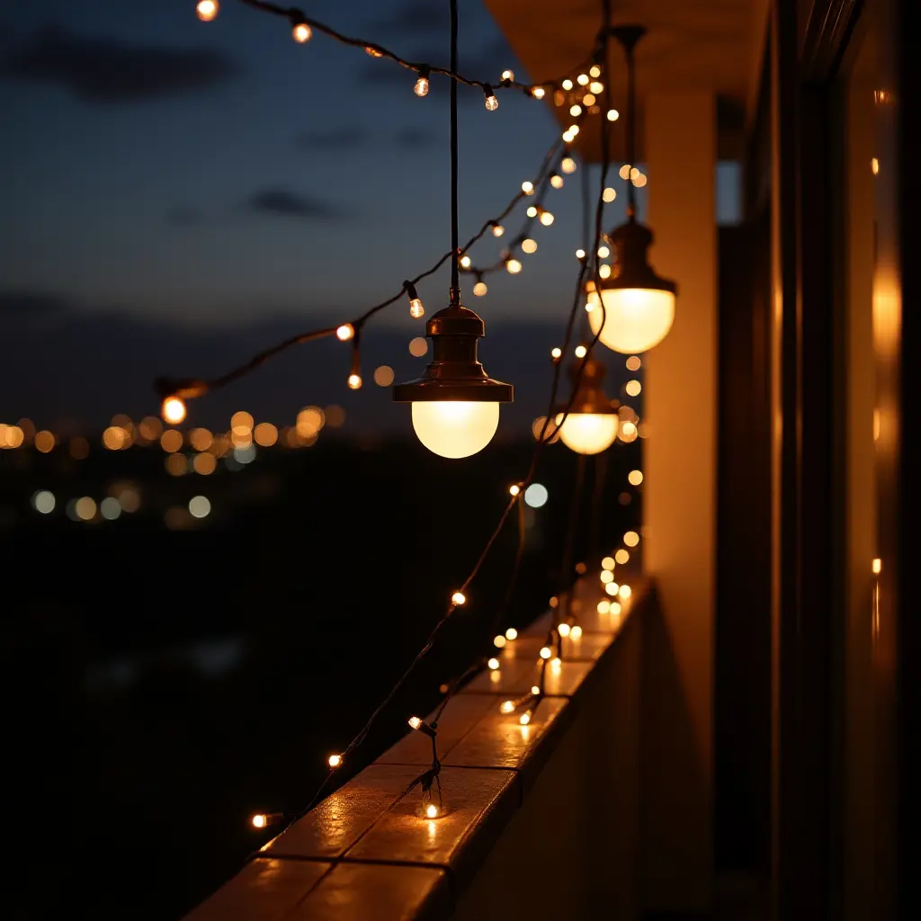 a photo of a balcony with pendant lights and string lights combination